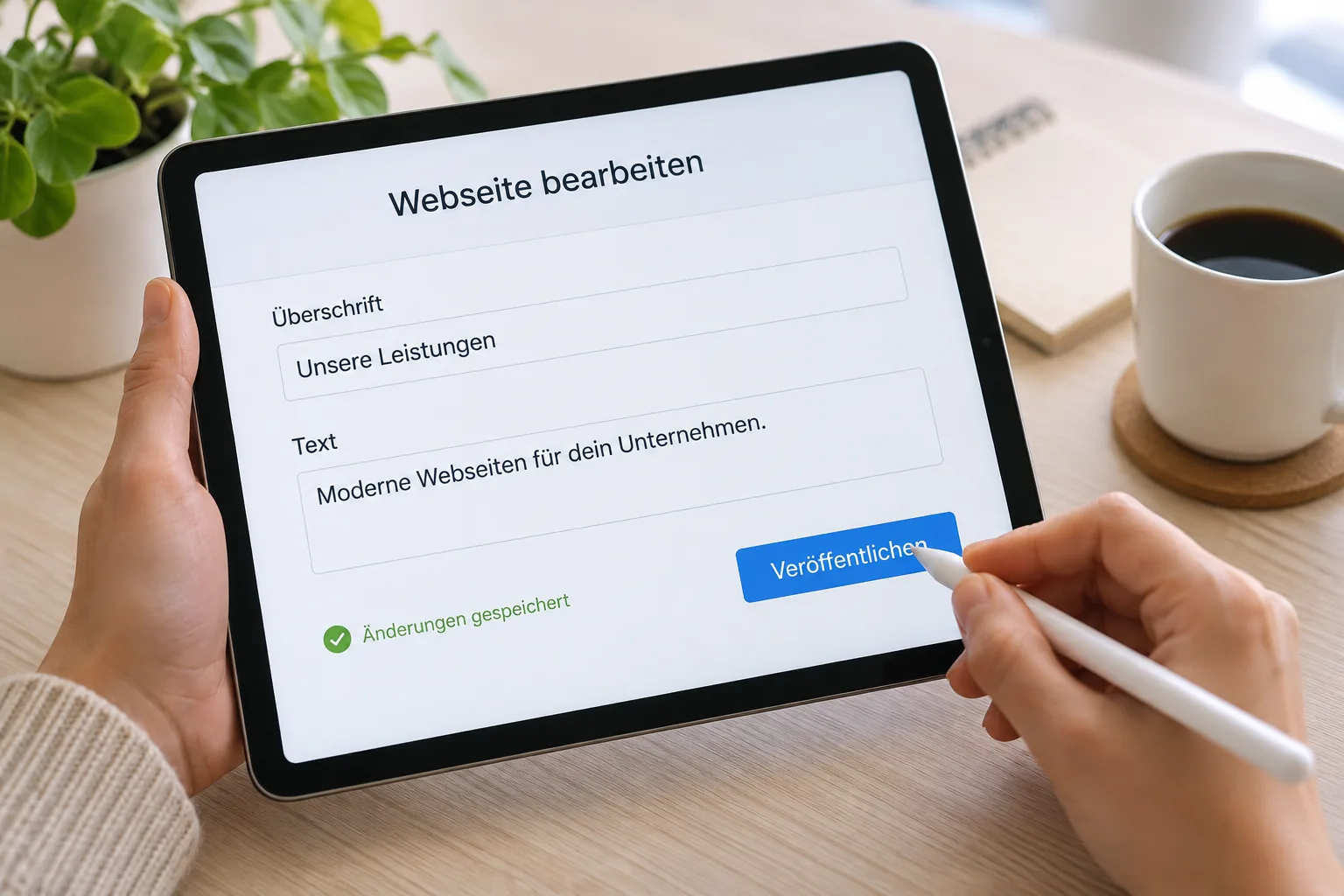 Tablet mit dem Bearbeitungsbereich einer Webseite: Überschrift und Text werden geändert und mit „Veröffentlichen“ online gestellt