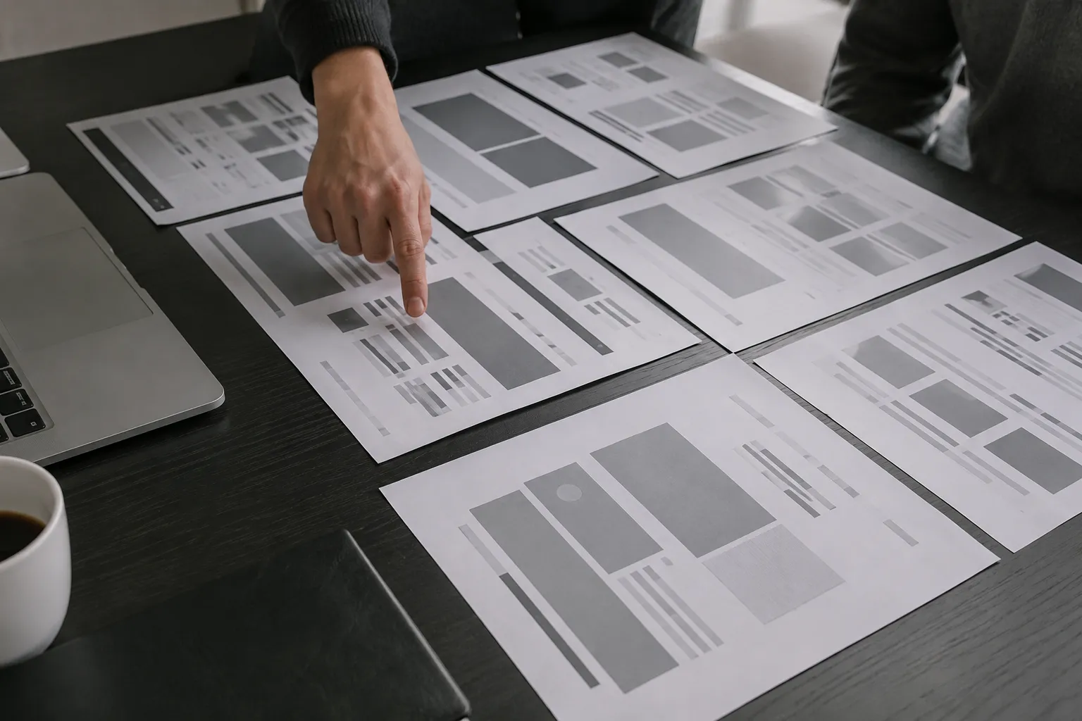 Designkonzept: ausgedruckte Webseiten-Entwürfe auf einem Tisch, eine Hand zeigt auf einen Entwurf