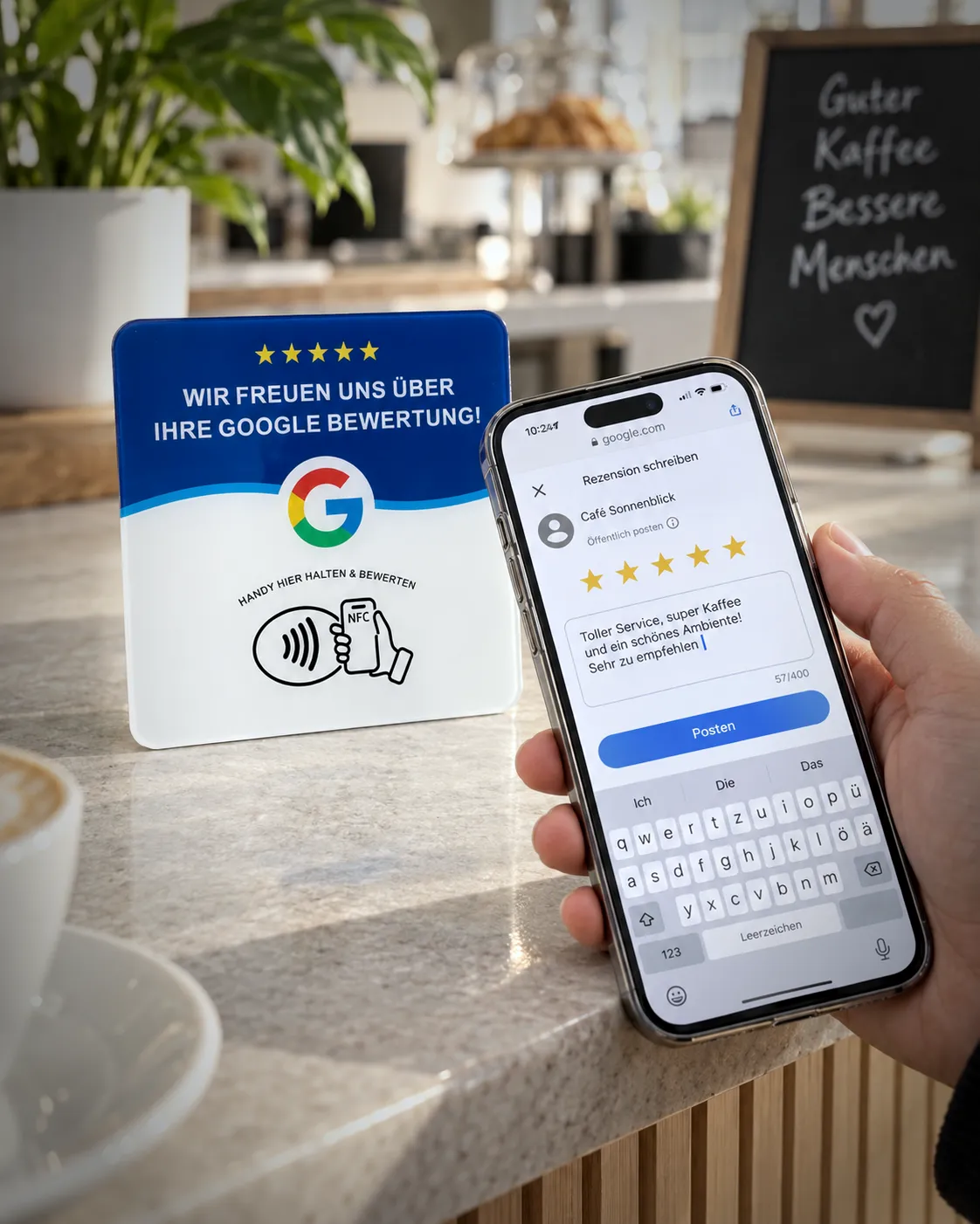 Kundin hält ihr Smartphone an einen NFC-Aufsteller auf einer Café-Theke, auf dem Display öffnet sich die Google-Bewertung
