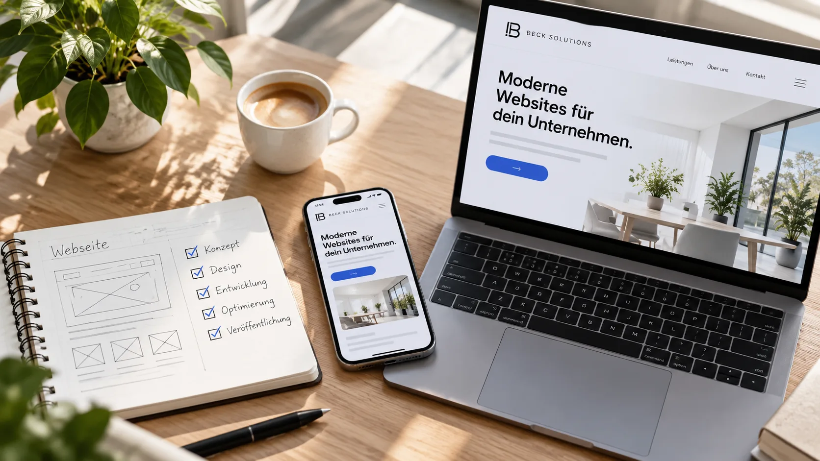 Schreibtisch mit Notizbuch, Smartphone und Laptop – auf den Bildschirmen steht „Moderne Websites für dein Unternehmen.“