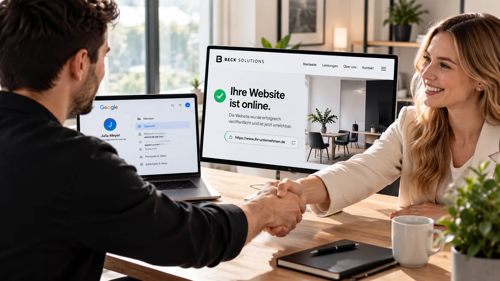 Handschlag am Schreibtisch, auf dem Bildschirm steht „Ihre Website ist online.“